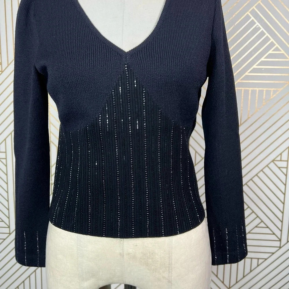 St. John Evening Sequin Black Santana Knit V-Neck Sweater Size‎ US 2 - Picture 4 of 12